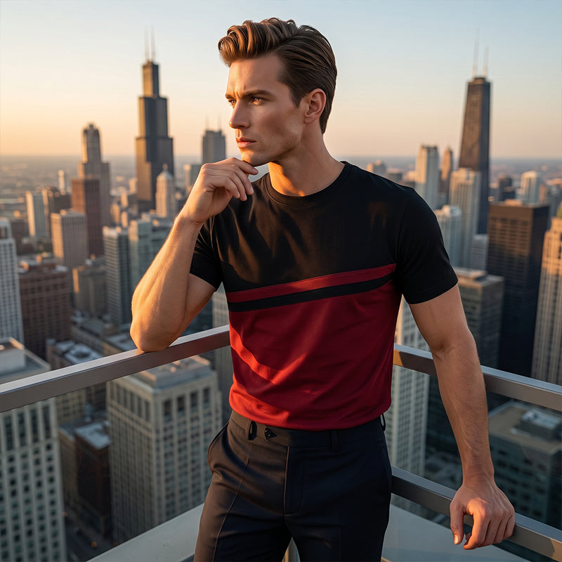 👕50% RABATT!🔥Herren Rundhals T-Shirt mit Farbblock-Design Atmungsaktiv Leicht Freizeitshirt