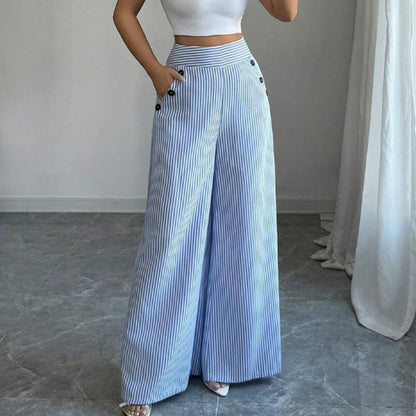 ✨Sommer-Sonderangebot 50% RABATT!✨Damen Leinenhose mit Blau-Weiß-Streifen 👖 Hohe Taille & Lockerer Gerader Schnitt