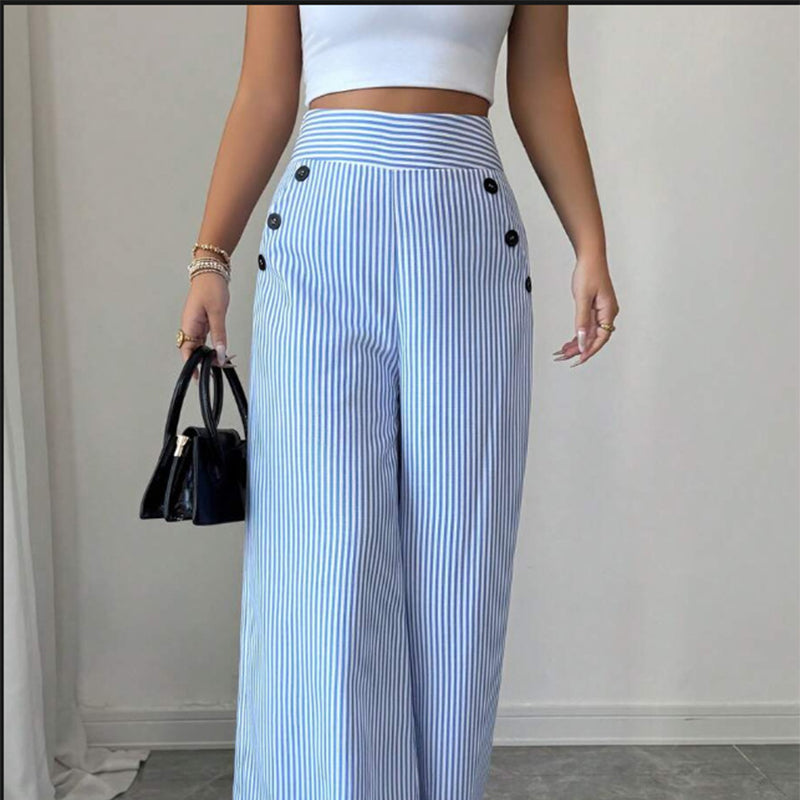 ✨Sommer-Sonderangebot 50% RABATT!✨Damen Leinenhose mit Blau-Weiß-Streifen 👖 Hohe Taille & Lockerer Gerader Schnitt