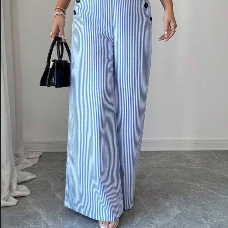 ✨Sommer-Sonderangebot 50% RABATT!✨Damen Leinenhose mit Blau-Weiß-Streifen 👖 Hohe Taille & Lockerer Gerader Schnitt