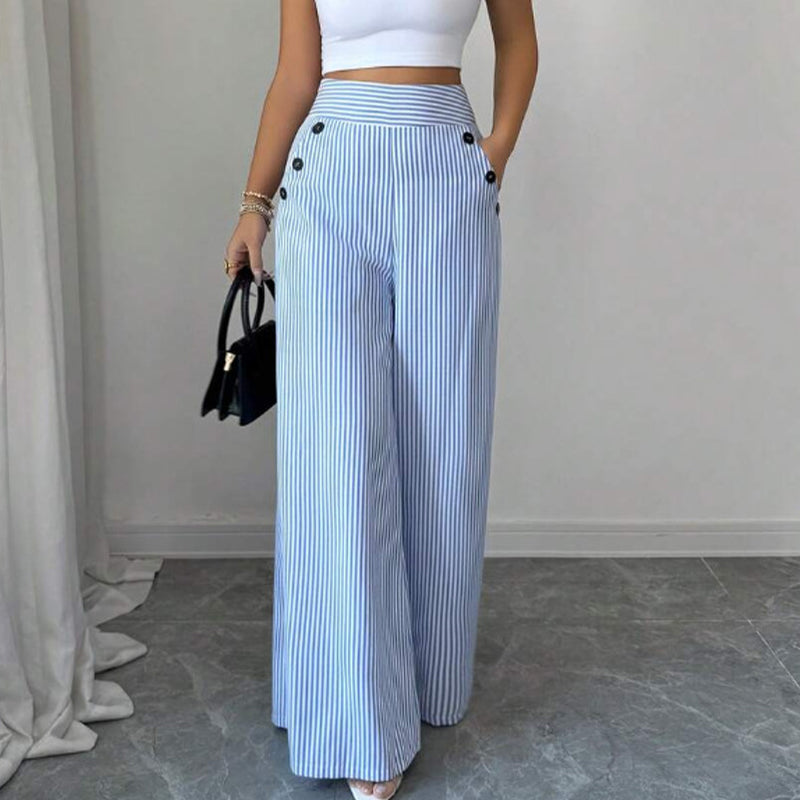 ✨Sommer-Sonderangebot 50% RABATT!✨Damen Leinenhose mit Blau-Weiß-Streifen 👖 Hohe Taille & Lockerer Gerader Schnitt