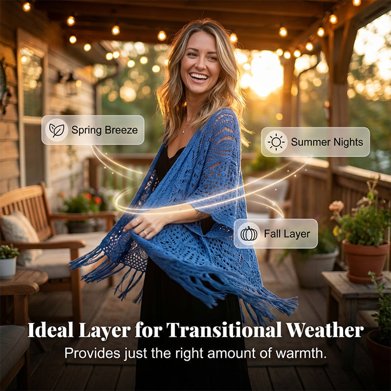 🧥 50% RABATT! ✨💙 💙 Boho Strick Cardigan mit Fransen ✨ Damen durchscheinender Lochstrick Überwurf | atmungsaktiver Sommer Strickjacke für Alltag & Abendoutfit
