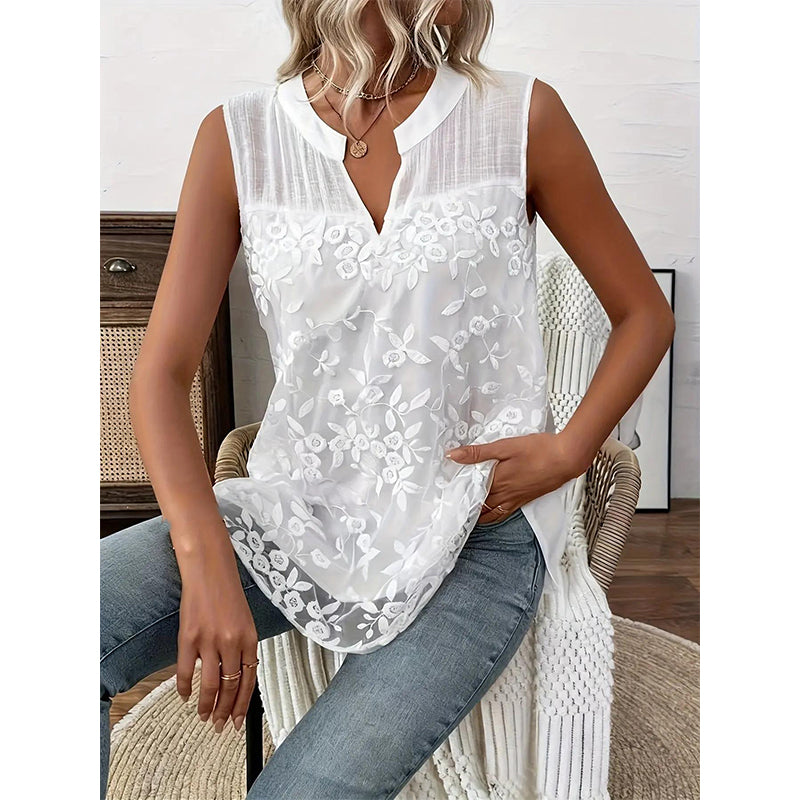 👚 🌸 Ärmelloses Damenoberteil mit Blumenstickerei & Spitze – Luftig, feminin & vielseitig kombinierbar für Sommer✨