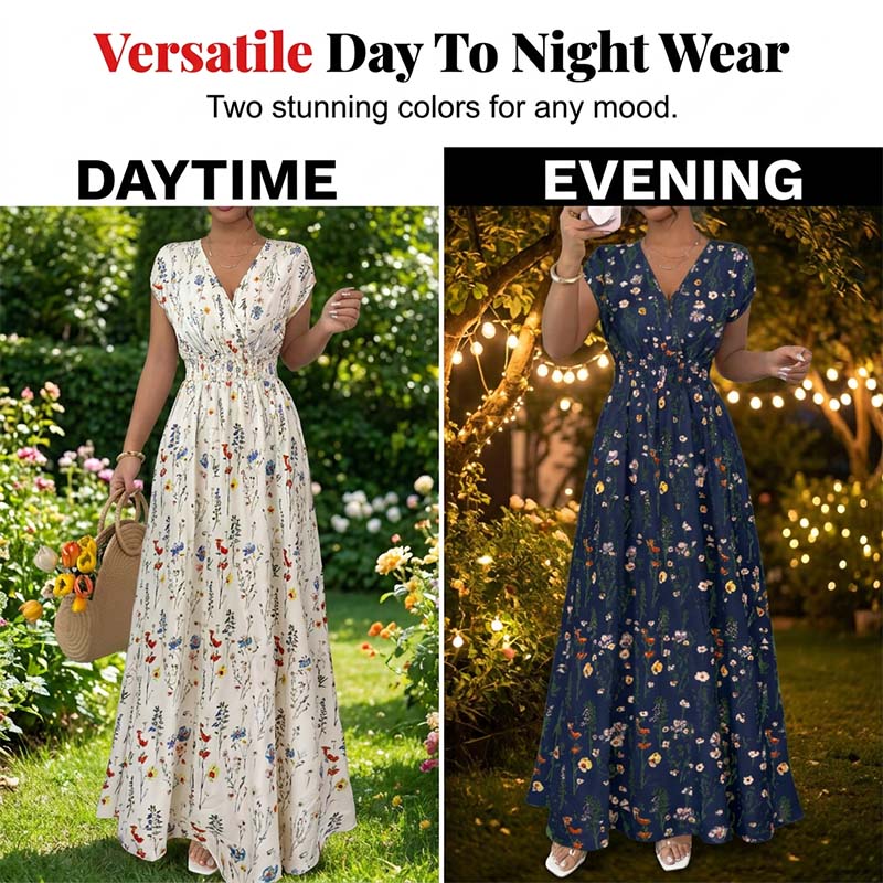 👗 Langes Maxikleid mit Blumenmuster, V-Ausschnitt & geraffter Taille – elegant & figurbetonend