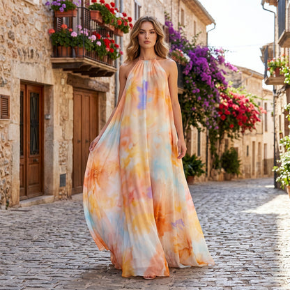 ✨Sommer-Sonderangebot 50% RABATT!💐Maxikleid für Damen im Wasserfarben-Look mit Neckholder