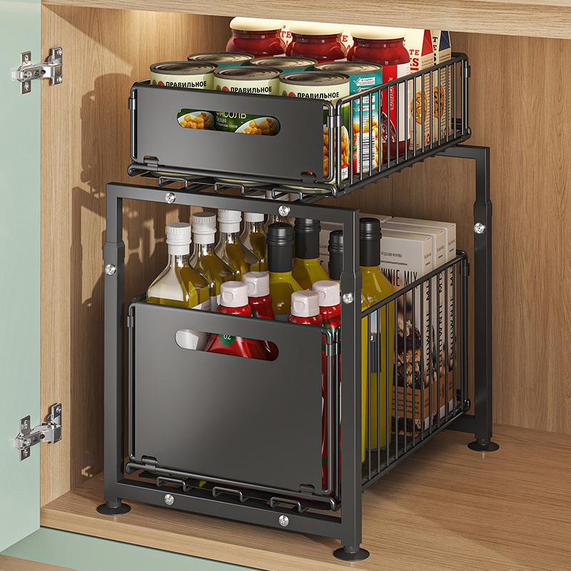 📢📢50% RABATT !! ⏰Ausziehbares Doppelregal-Schrankorganizer – 5 Höhenverstellungen, 2 Ausziehebenen, Kohlenstoffstahl & Großes Fassungsvermögen – Keine Montage erforderlich ✨