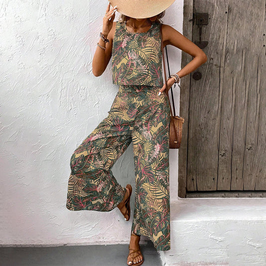 ✨Sommer-Sonderangebot 50% RABATT! 🌴 Damen-Set aus bedrucktem, ärmellosem Top und weit geschnittener Hose