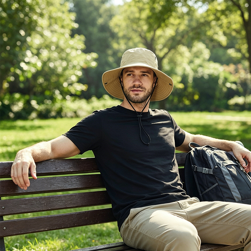 🧢 ☀️ Outdoor-Sonnenhut mit breiter Krempe & Kinnriemen – Leicht, schützend & perfekt für Strand und Wandern 🏖️ 🥾