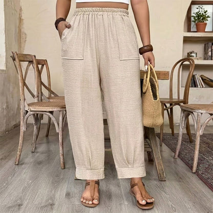 👖 50% RABATT! 🌾 Damen Leinen-Optik Freizeithose – Elastischer Bund, lockerer Schnitt & Taschen – Super bequem für Alltag, Reisen oder warme Tage – stilvoll & leicht 🤍✨