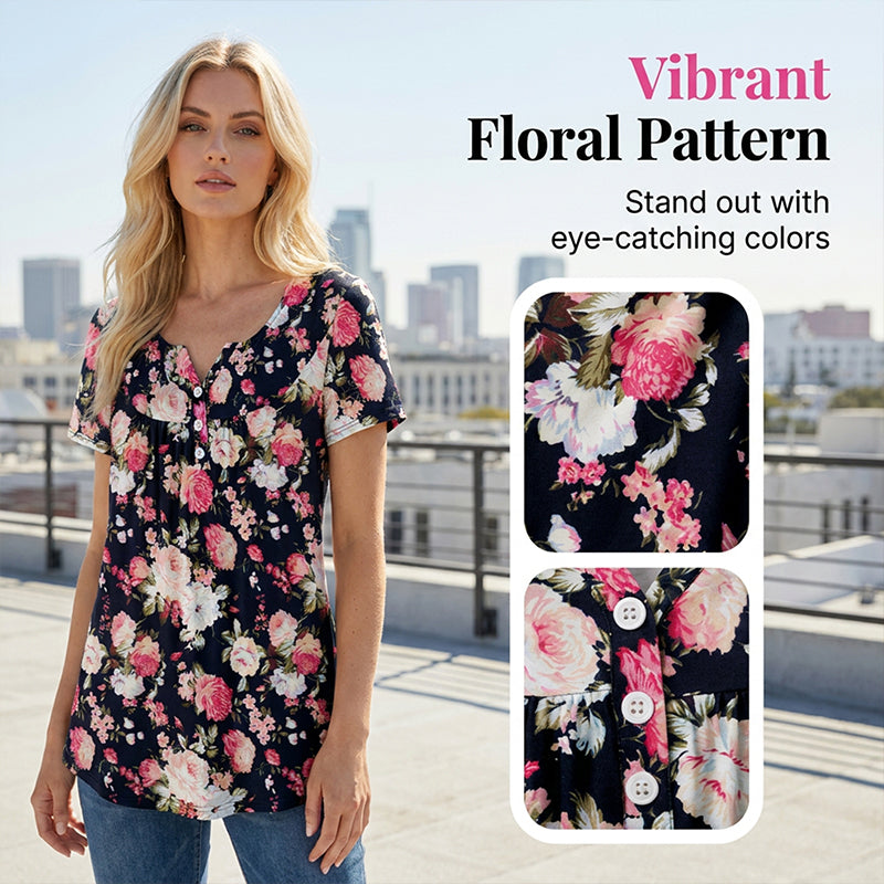 👚 50% RABATT! 🌸 Leicht fließendes Damen-Shirt mit Blumendruck & Knopfleiste – Luftig & vielseitig – Perfekt für Alltag, Freizeit oder warme Sommertage – bequemer Style mit femininer Note ✨