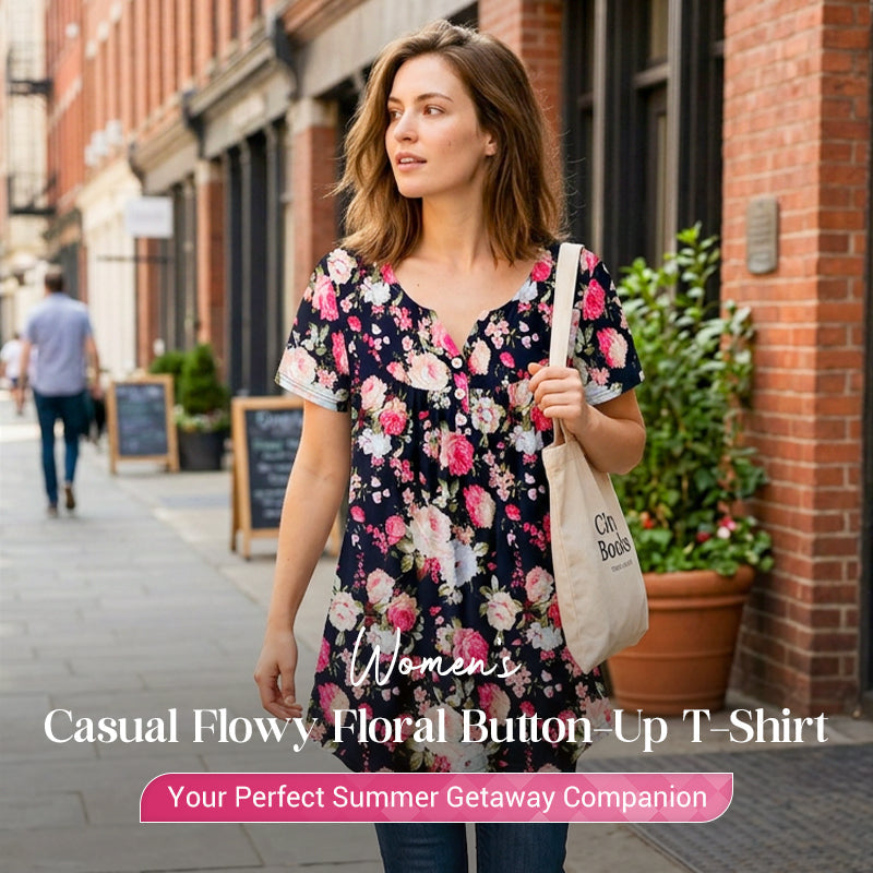 👚 50% RABATT! 🌸 Leicht fließendes Damen-Shirt mit Blumendruck & Knopfleiste – Luftig & vielseitig – Perfekt für Alltag, Freizeit oder warme Sommertage – bequemer Style mit femininer Note ✨