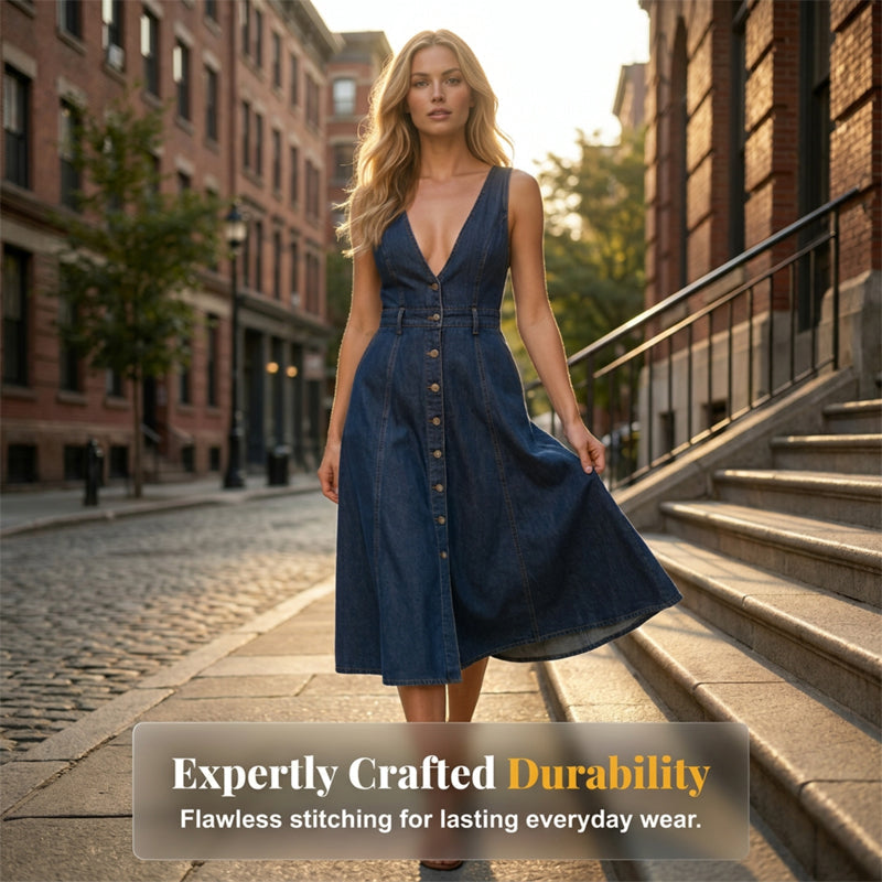 ✨Sommer-Sonderangebot 50% RABATT!👗 Neues Sommerkleid für Damen – blue Jean-Look mit Used-Optik, Träger & einreihige Knopfleiste, mittellang 🌊✨