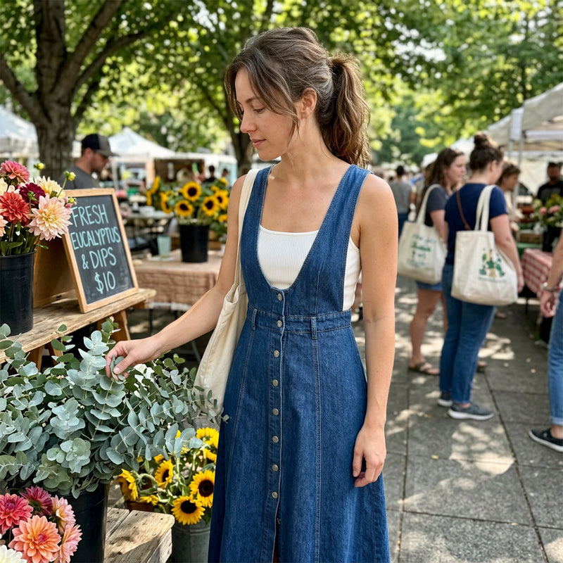 ✨Sommer-Sonderangebot 50% RABATT!👗 Neues Sommerkleid für Damen – blue Jean-Look mit Used-Optik, Träger & einreihige Knopfleiste, mittellang 🌊✨