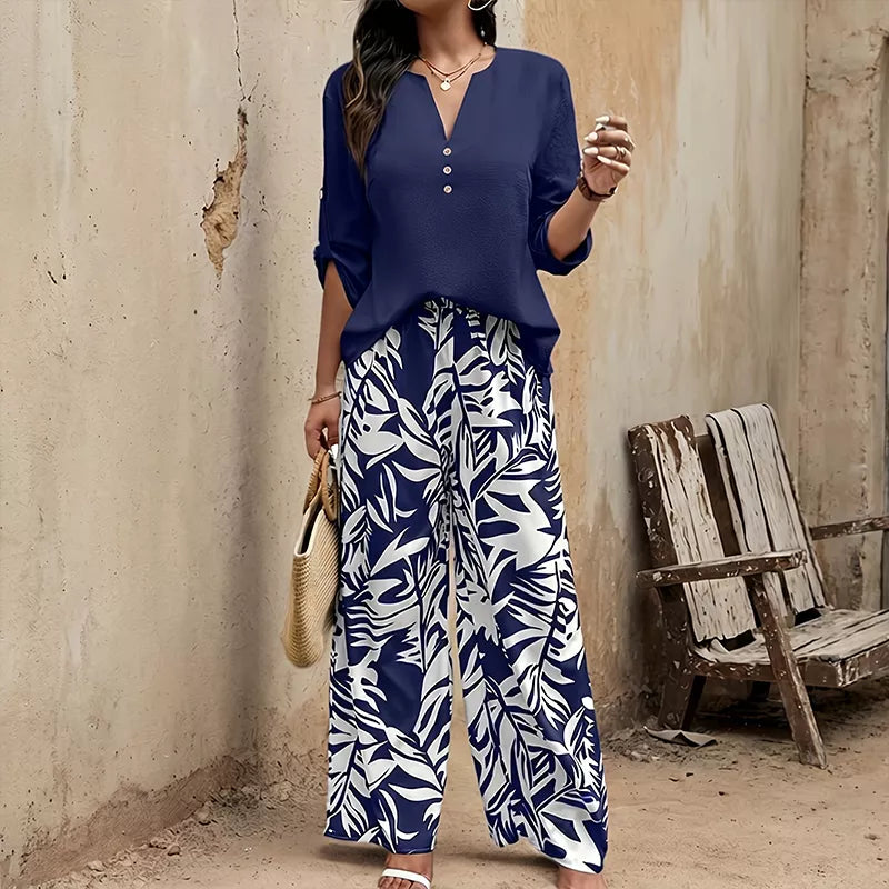 ✨Sommer-Sonderangebot 50% RABATT!🪻Damen V-Ausschnitt Oberteil & Botanischer Print Weites Bein Hosen-Set