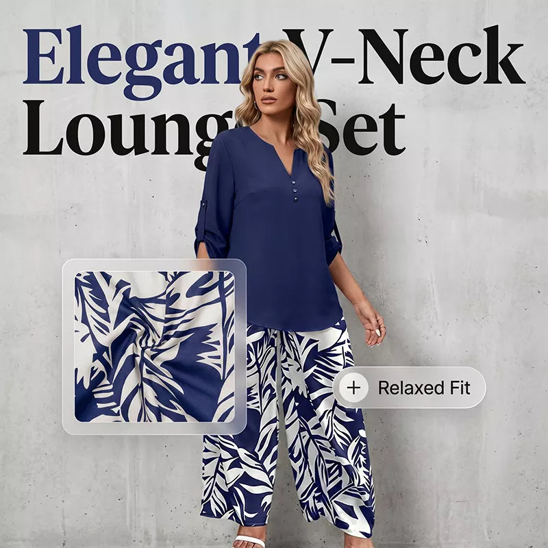 ✨Sommer-Sonderangebot 50% RABATT!🪻Damen V-Ausschnitt Oberteil & Botanischer Print Weites Bein Hosen-Set