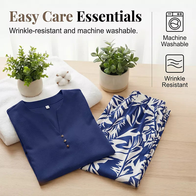 ✨Sommer-Sonderangebot 50% RABATT!🪻Damen V-Ausschnitt Oberteil & Botanischer Print Weites Bein Hosen-Set