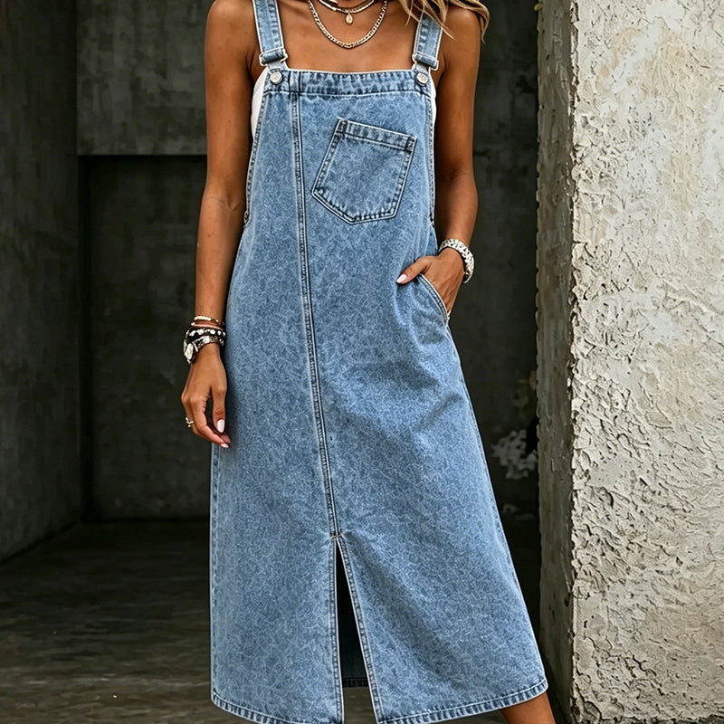 👗 JETZT 50 % RABATT! 👖 Ärmelloses Midi-Jeans-Latzkleid für Damen – Weicher Denim & lockere Passform – Vintage-Style, Seitentaschen – perfekt für lässige Tage oder zum Kombinieren im Sommer ✨