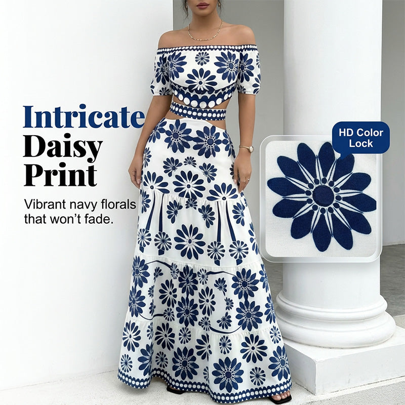 🏆LETZTER TAG 50% RABATT🔥Damen Schulterfreies Maxikleid mit Taillenauschnitt und Gänseblümchen-Print