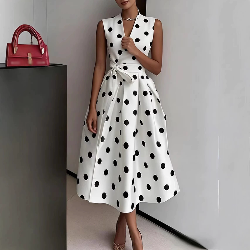 👗 50% RABATT! 🌸 Damen-Kleid mit Polka-Dot-Muster, V-Ausschnitt & ärmellos – Luftig, elegant & vielseitig – Perfekt für Alltag, Büro oder besondere Anlässe – zeitloser Look mit Frische ✨