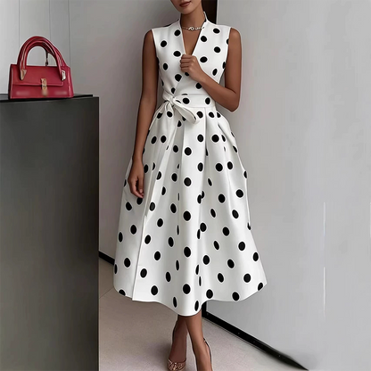 👗 50% RABATT! 🌸 Damen-Kleid mit Polka-Dot-Muster, V-Ausschnitt & ärmellos – Luftig, elegant & vielseitig – Perfekt für Alltag, Büro oder besondere Anlässe – zeitloser Look mit Frische ✨