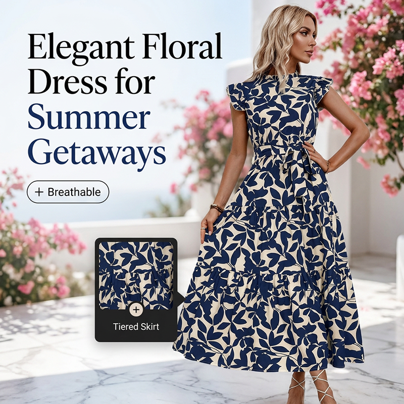 📢📢40% OFF !! ⏰Women’s Summer Ruffled Flutter Sleeve Tie Waist Floral Midi Dress