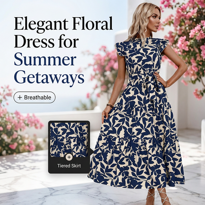 📢📢40% OFF !! ⏰Women’s Summer Ruffled Flutter Sleeve Tie Waist Floral Midi Dress
