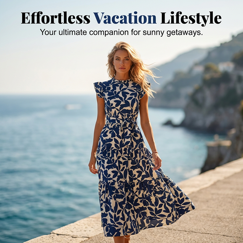 📢📢40% OFF !! ⏰Women’s Summer Ruffled Flutter Sleeve Tie Waist Floral Midi Dress