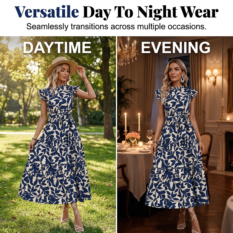 📢📢40% OFF !! ⏰Women’s Summer Ruffled Flutter Sleeve Tie Waist Floral Midi Dress