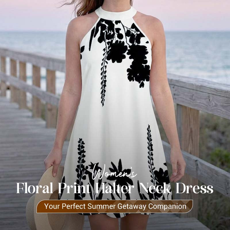 🌸 NUR FÜR KURZE ZEIT 50% RABATT! 💥 Damen Blumendruck Neckholder Kleid – Chic, Fließend, Sommer-Essential ✨