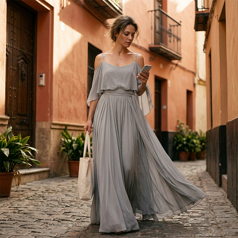 👗 50% RABATT! 🌙 Fließendes ärmelloses Kleid mit einseitigem Ausschnitt – Minimalistisches Design & weiter Rock – Edler Look, ideal für besondere Anlässe oder den eleganten Alltag – leicht, luftig & stilvoll ✨🌸