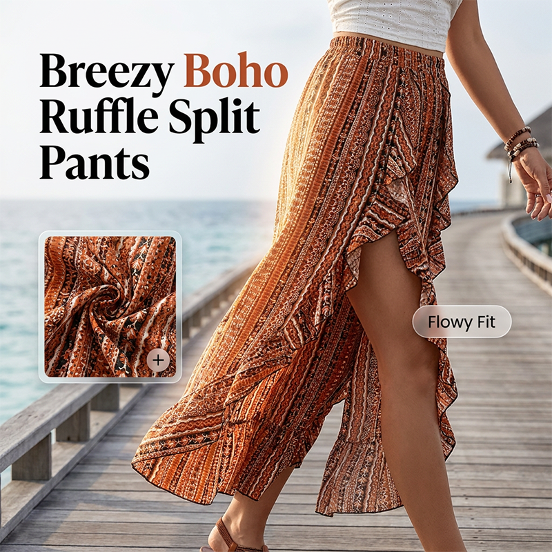 💖Sommer-Sonderangebot 50% RABATT!💖Elastische 7/8-Hose für Damen mit Print, Rüschen und Schlitz