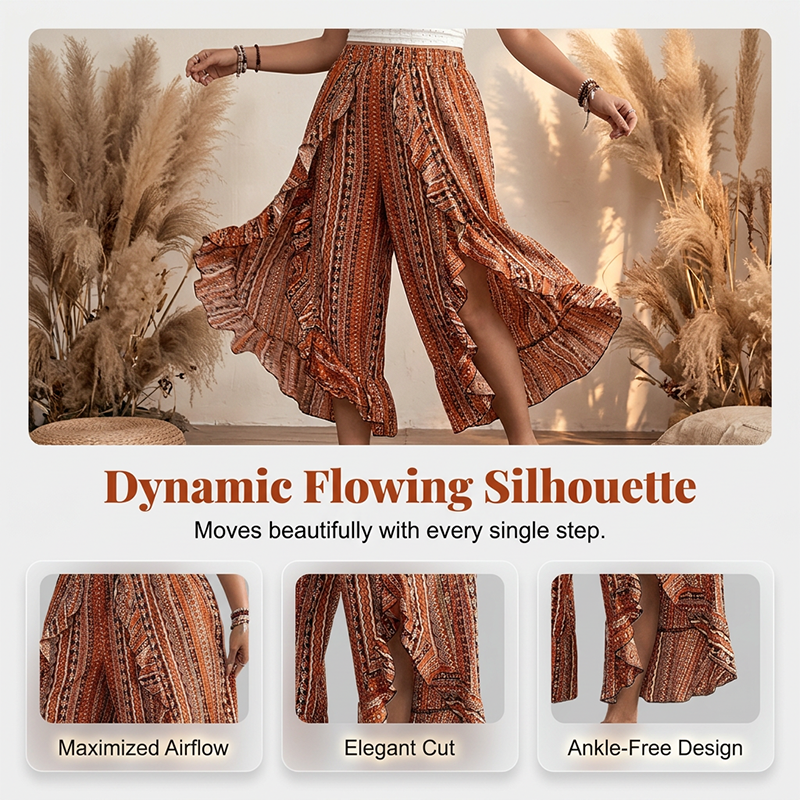 💖Sommer-Sonderangebot 50% RABATT!💖Elastische 7/8-Hose für Damen mit Print, Rüschen und Schlitz