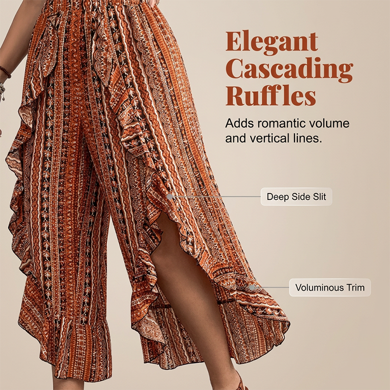 💖Sommer-Sonderangebot 50% RABATT!💖Elastische 7/8-Hose für Damen mit Print, Rüschen und Schlitz