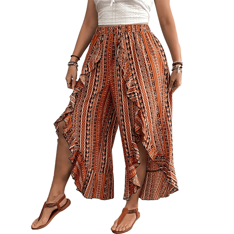 💖Sommer-Sonderangebot 50% RABATT!💖Elastische 7/8-Hose für Damen mit Print, Rüschen und Schlitz