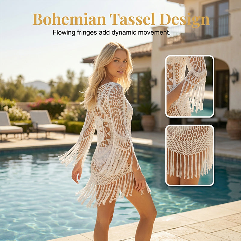 🔥 Letzter Tag! 50% Rabatt Damen Boho Häkel-Strand-Cover-Up mit Quasten 🌴 Romantischer Strandüberwurf für Urlaub & Pool