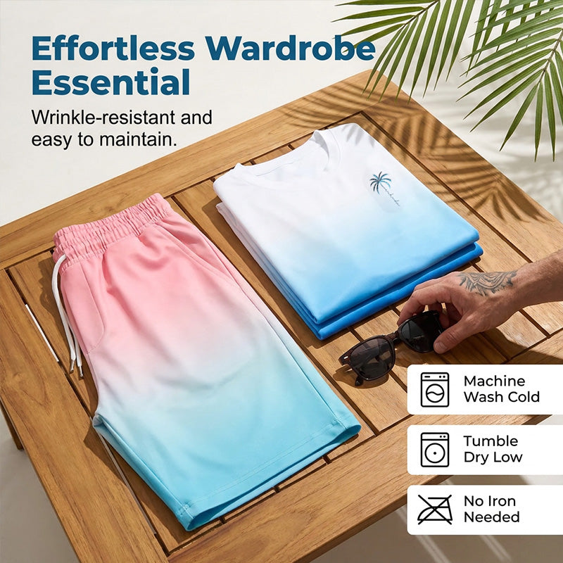👕🌴 50% RABATT – NUR FÜR KURZE ZEIT! 2-teiliges Sommer-Set für Herren – Kurzarm-Shirt & Shorts mit Palmen-Print & Farbverlauf, atmungsaktiv, bequem & perfekt für Strand, Urlaub & Alltag 🌅✨