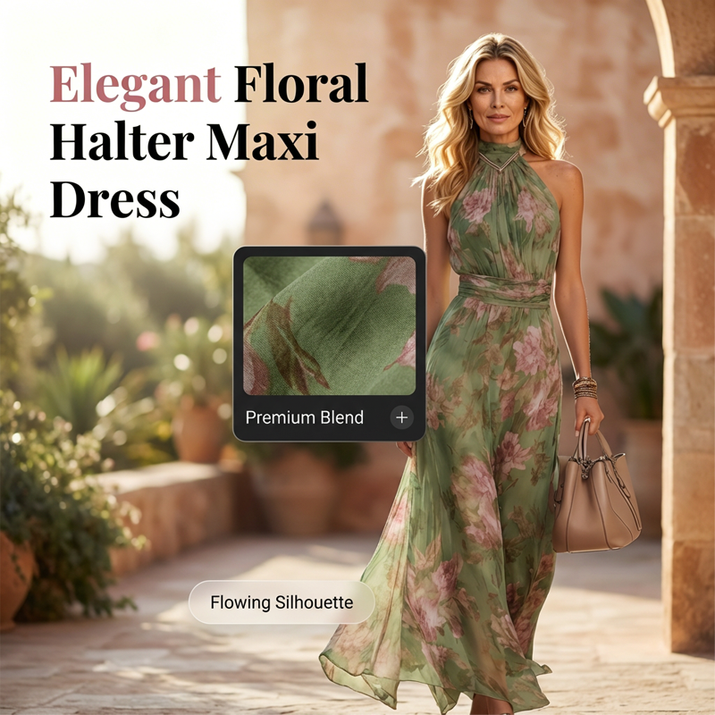 👗 Elegantes Maxi-Kleid mit Blumendruck & Neckholder – Fließender Stoff, figurschmeichelnd & Boho-Stil – Ideal für Sommer, Urlaub & warme Abende ☀️