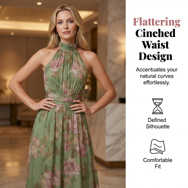 👗 Elegantes Maxi-Kleid mit Blumendruck & Neckholder – Fließender Stoff, figurschmeichelnd & Boho-Stil – Ideal für Sommer, Urlaub & warme Abende ☀️