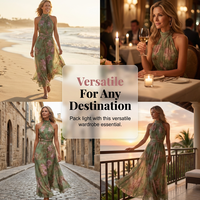👗 Elegantes Maxi-Kleid mit Blumendruck & Neckholder – Fließender Stoff, figurschmeichelnd & Boho-Stil – Ideal für Sommer, Urlaub & warme Abende ☀️