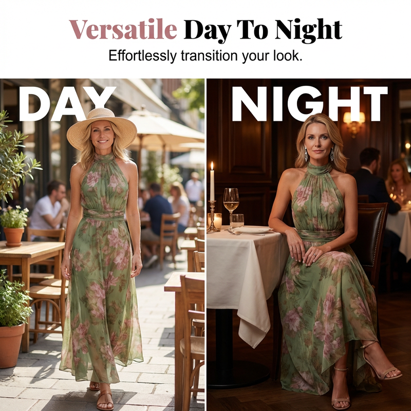 👗 Elegantes Maxi-Kleid mit Blumendruck & Neckholder – Fließender Stoff, figurschmeichelnd & Boho-Stil – Ideal für Sommer, Urlaub & warme Abende ☀️