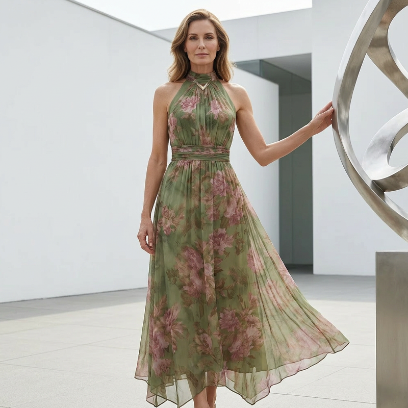 👗 Elegantes Maxi-Kleid mit Blumendruck & Neckholder – Fließender Stoff, figurschmeichelnd & Boho-Stil – Ideal für Sommer, Urlaub & warme Abende ☀️
