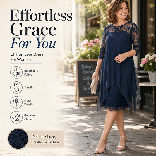📢50% RABATT !! ⏰Spitzenkleid mit Chiffon-Überlage – Elegant, Weich & Zeitlos Feminin