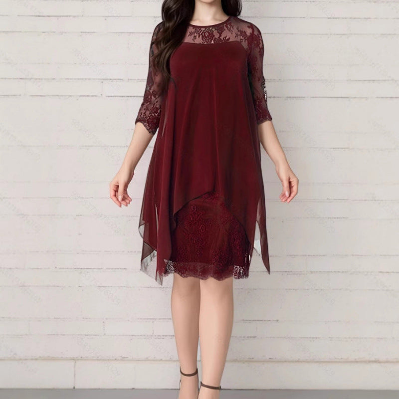 📢50% RABATT !! ⏰Spitzenkleid mit Chiffon-Überlage – Elegant, Weich & Zeitlos Feminin