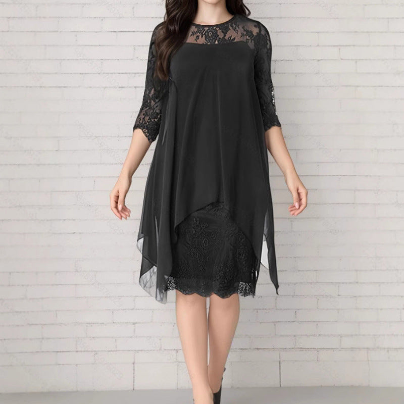 📢50% RABATT !! ⏰Spitzenkleid mit Chiffon-Überlage – Elegant, Weich & Zeitlos Feminin