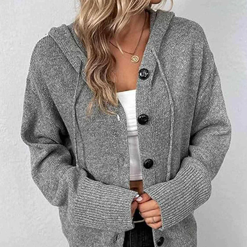 🧥 50% RABATT! 🛍️ Damen-Strickjacke mit Kapuze & Knopfleiste – Einfarbig, mit Kordelzug & vielseitig – Ideal für Alltag & Freizeit 🌿