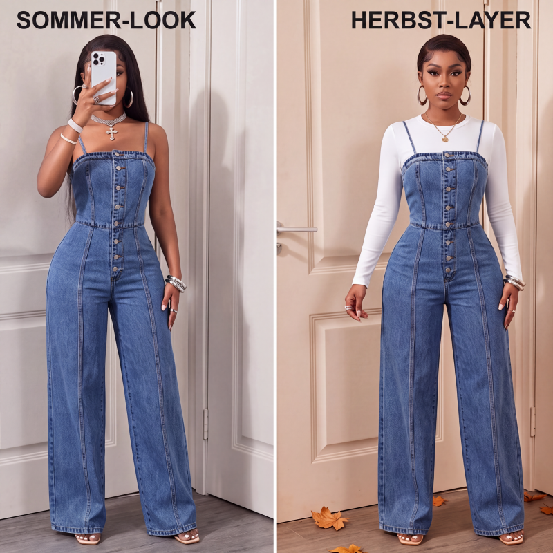 👖 50% RABATT! ✨ Damen‑Jeansoverall mit Spaghettiträgern und weitem Bein – Lässiger Sommerlook