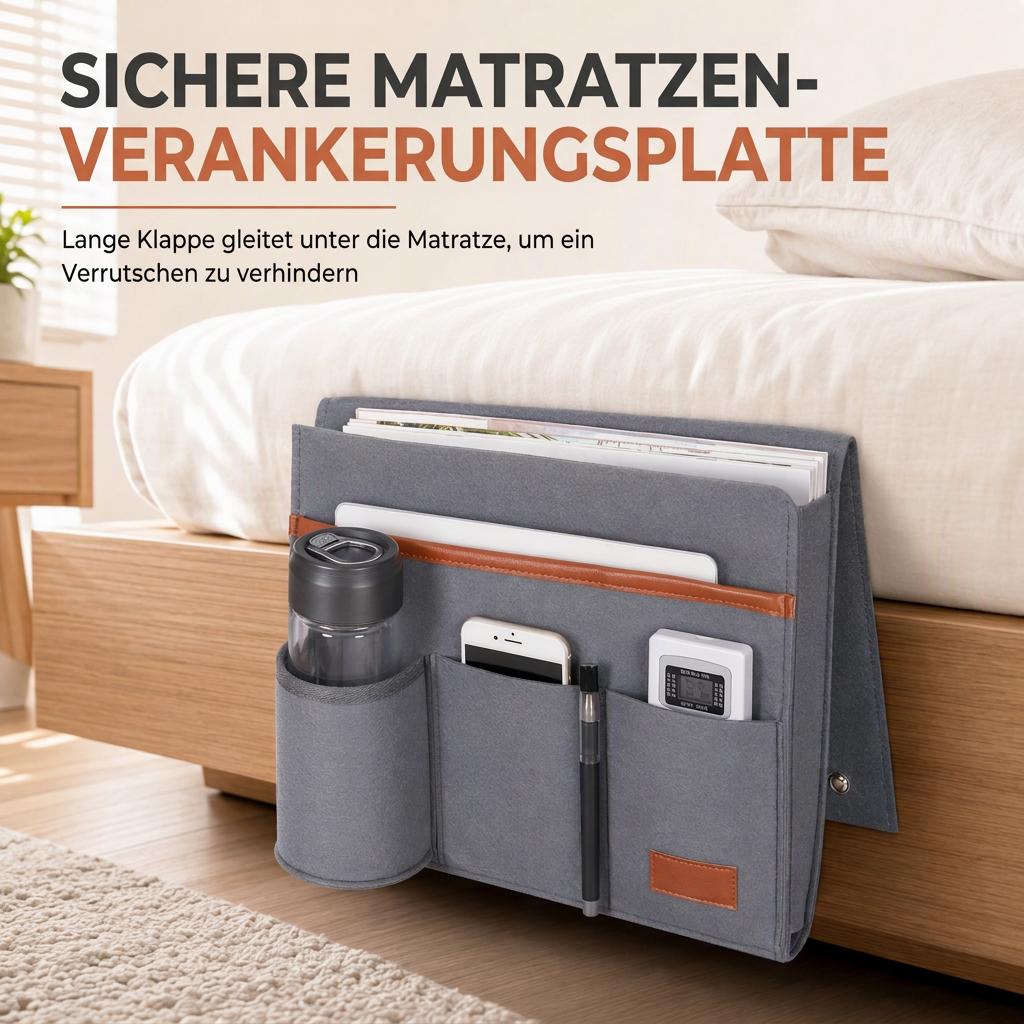 🛏️ 50% RABATT! ✨ Minimalistische Filz-Bettseitentasche – Stabil befestigt, vielseitig einsetzbar, für ordentliche Aufbewahrung 📚