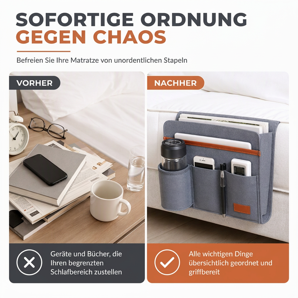 🛏️ 50% RABATT! ✨ Minimalistische Filz-Bettseitentasche – Stabil befestigt, vielseitig einsetzbar, für ordentliche Aufbewahrung 📚