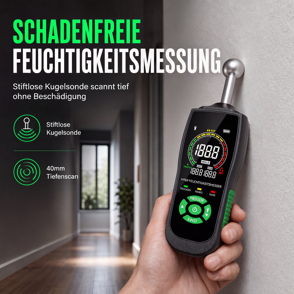 🔧50% RABATT⏰MT68 pinloses Feuchtemessgerät, prüft Feuchtigkeit & Leckagen an Wänden und Fliesen💧