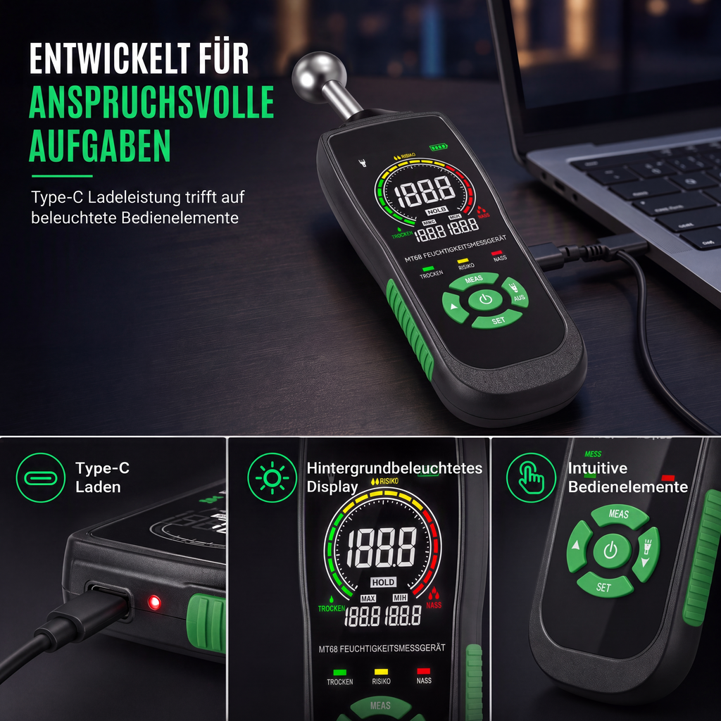 🔧50% RABATT⏰MT68 pinloses Feuchtemessgerät, prüft Feuchtigkeit & Leckagen an Wänden und Fliesen💧
